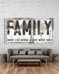 Family Sign -  Where Life Begins Farmhouse Wall Art - Farmhouse Decor Wall Art Canvas Prints