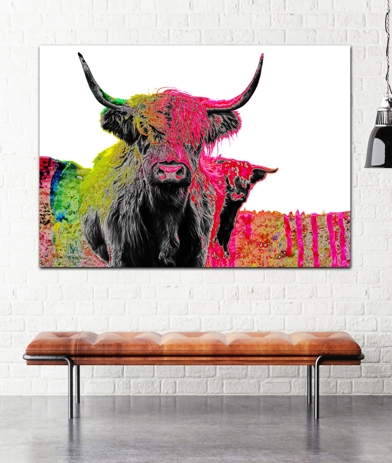 Pink Painted Highland Cow Large Canvas - Boho Maximalist Colorful Wall Art