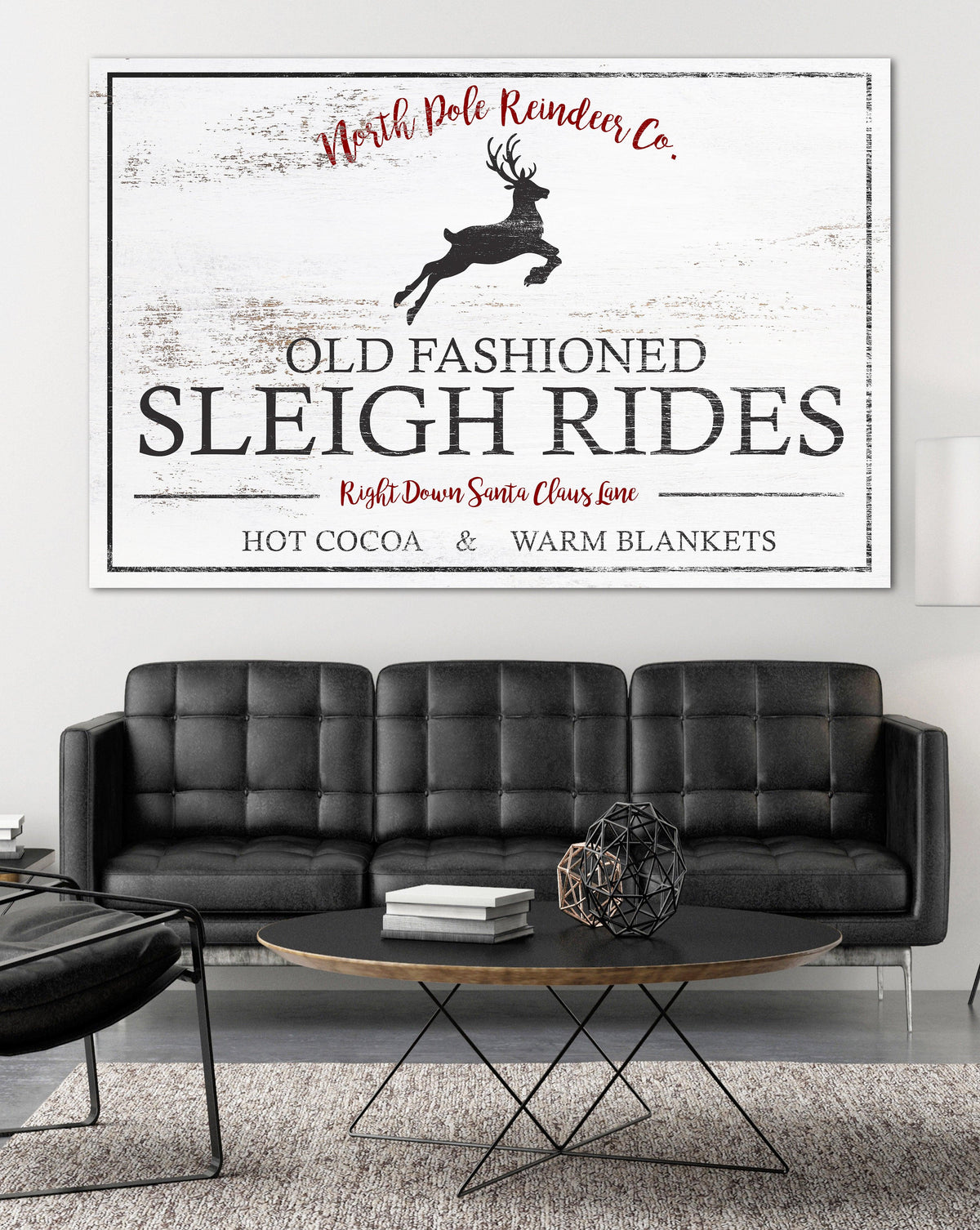 Sleigh Ride Farmhouse Christmas Sign - Vintage Reindeer Holiday Wall Art CANVAS