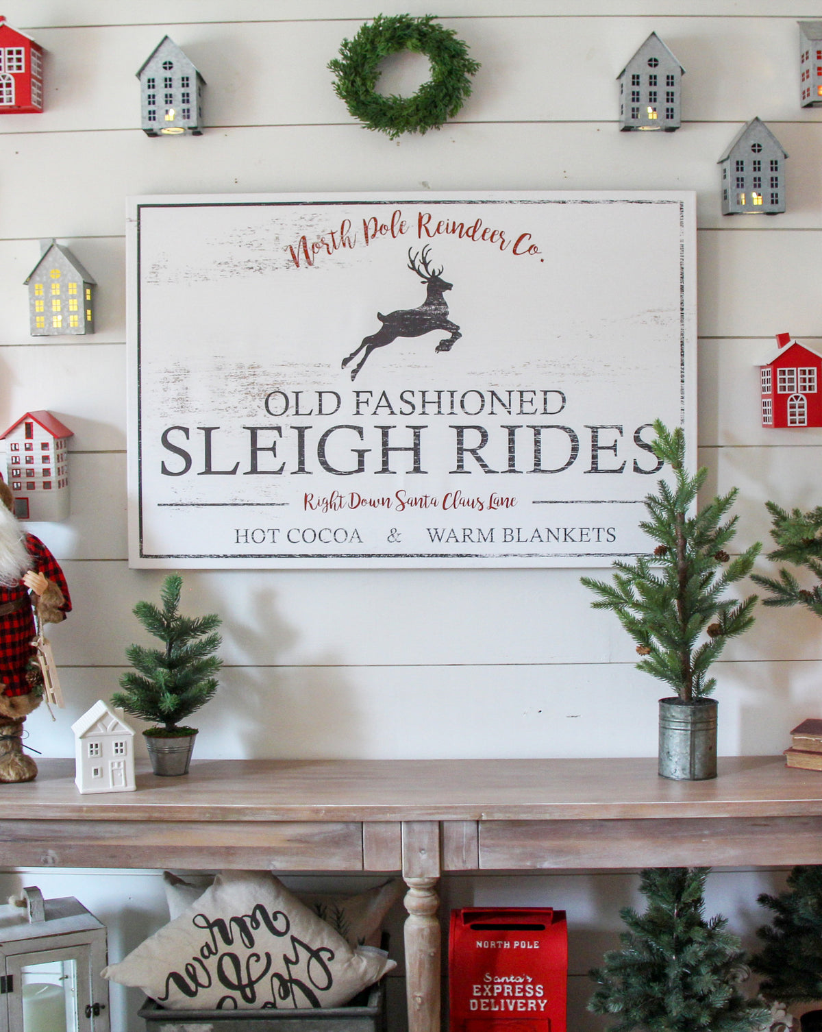 Sleigh Ride Farmhouse Christmas Sign - Vintage Reindeer Holiday Wall Art CANVAS